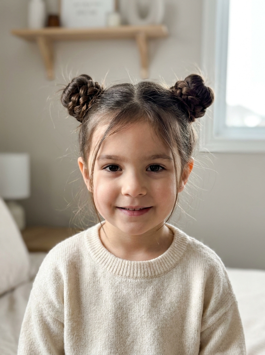 Geflochtene Space Buns als Flechtfrisuren für Kinder Inspiration 2026